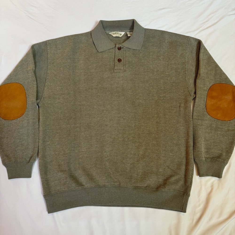 Orvis Leather Elbow Patch Sage Green Knit Polo Sweater Large